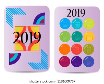 Calendar 2019. Colorful calendar with geometric print. Week starts from Sunday. Two-sided design.
