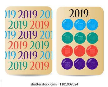 Calendar 2019. Colorful calendar with geometric print. Week starts from Sunday. Two-sided design.
