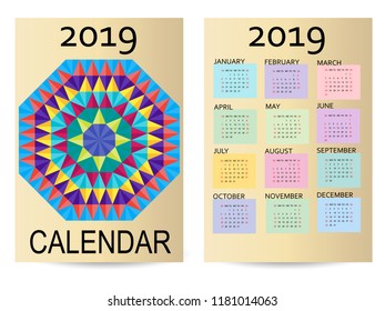Calendar 2019. Colorful calendar with geometric print. Week starts from Sunday. Two-sided design.