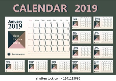 Calendar 2019 colorful hand drawn sketch. Flower, heart, leaf, strawberry, watermelon, sun, snowflake, pumpkin, pear. Thin brush illustration