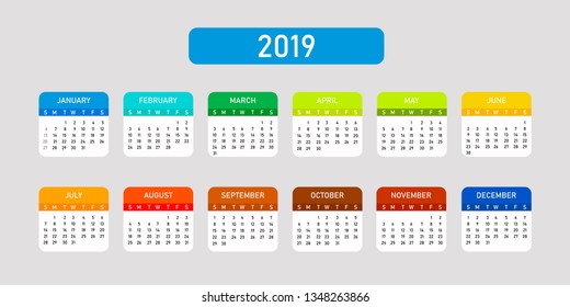 Calendar 2019. Colorful horizontal isolated calendar on grey background. EPS 10