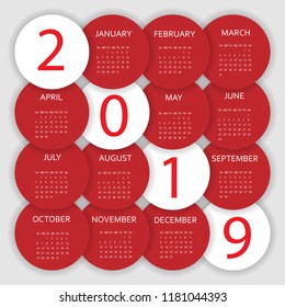 Calendar 2019. Colorful calendar with paper cut effect. Week starts from Sunday.
