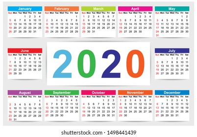 Calendar 2019. Colorful set. Basic grid. Vertical wall or pocket 