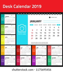 Calendar 2019. Colorful set, Set Desk and wall Calendar template design with space for Photo and Company Logo. Week Starts on Sunday. Set of 12 Months. vector illustration