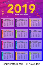 Calendar 2019. Colorful set, Set Desk and wall Calendar template design with space for Photo and Company Logo. Week Starts on Sunday. Set of 12 Months. vector illustration