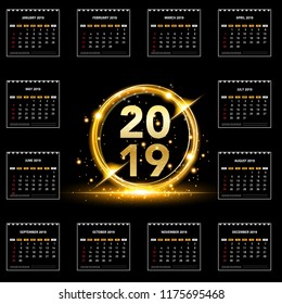 Calendar 2019. Colorful set, Set Desk and wall Calendar template design with space for Photo and Company Logo. Week Starts on Sunday. Set of 12 Months. vector illustration