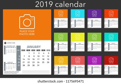 Calendar 2019. Colorful set, Set Desk and wall Calendar template design with space for Photo and Company Logo. Week Starts on Sunday. Set of 12 Months. vector illustration