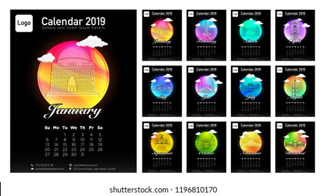Calendar 2019. Colorful set on Pakistan's Monument theme Week starts on Sunday. vector of 2019 new year calendar in clean minimal table simple style and blue and orange yellow color on black backgroud