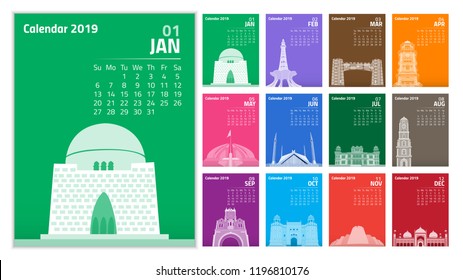Calendar 2019. Colorful set on Pakistan's Monument theme Week starts on Sunday. vector of 2019 new year calendar in clean minimal table simple style and blue and orange yellow color on black backgroud