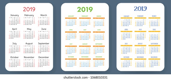 Calendar 2019. Colorful set. Week starts on Sunday. Basic grid