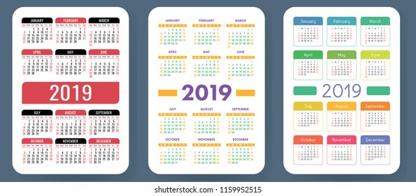 Calendar 2019. Colorful set. Week starts on Sunday. Basic grid