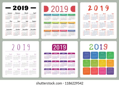 Calendar 2019. Colorful set. Week starts on Sunday. Basic calender grid collection