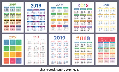 Calendar 2019. Colorful set. Week starts on Sunday. Basic grid. English vector calender collection for print. New year. Color simple design