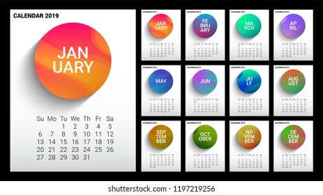 Calendar 2019. Colorful set. Week starts on Sunday. Vector of 2019 new year calendar in clean minimal table simple style and blue and orange yellow color,Holiday event planner.