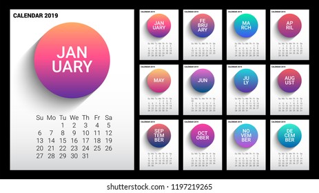 Calendar 2019. Colorful set. Week starts on Sunday. Vector of 2019 new year calendar in clean minimal table simple style and blue and orange yellow color,Holiday event planner.