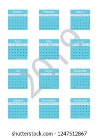 Calendar 2019. Colorful set. Week starts on Sunday. English vector New year. Color simple design