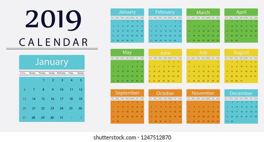 Calendar 2019. Colorful set. Week starts on Sunday. English vector Calender collection for print. New year. Color simple design