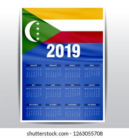 Calendar 2019 Comoros Flag background. English language