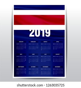 Calendar 2019 Costa Rica Flag background. English language