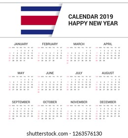 Calendar 2019 Costa Rica Flag background. English language