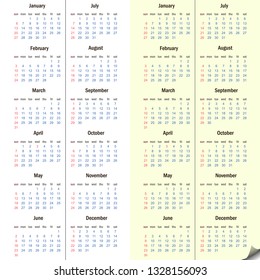Calendar for 2019 with a curved corner. Vector illustration