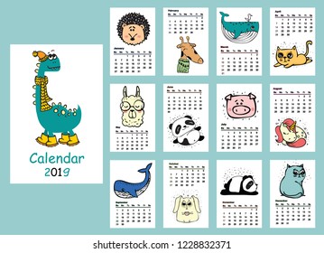 Calendar 2019. Cute animals for every month. Vector. Isolated.