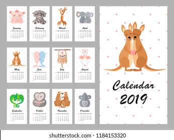 Calendar 2019 with cute animals. Vector illustration