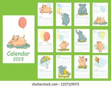 Calendar 2019 with cute cartoon colorful symbol of the year pig and elephant. Funny animals for every month. Vector. Isolated.