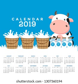 Calendar 2019 with cute cows. Hand drawn vector illustration