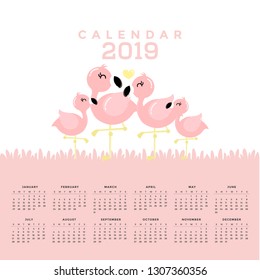 Calendar 2019 with cute flamingos. Hand drawn vector illustration