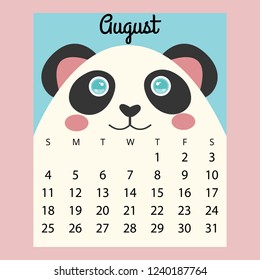 Calendar 2019. Cute funny cartoon panda.August summer  month. 
