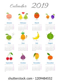 Calendar 2019 with cute funny fruits on white background. Week starts on Monday