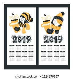 Calendar 2019. Cute girl with a mug of hot drink. Vector typography. Holiday greeting card designer.