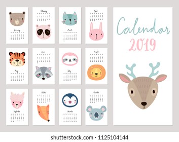 Calendar 2019. Cute monthly calendar with animals. Hand drawn characters. Vector illustration.