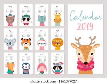 Calendar 2019. Cute monthly calendar with animals. Hand drawn characters. Vector illustration.