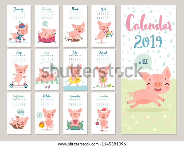 カレンダー19 かわいいカレンダーと明るい子豚 手書きのスタイル文字 旅のテーマ のベクター画像素材 ロイヤリティフリー