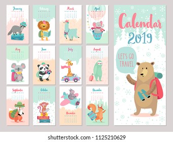 Calendar 2019. Cute monthly calendar with forest animals. Hand drawn style characters. Travel theme.