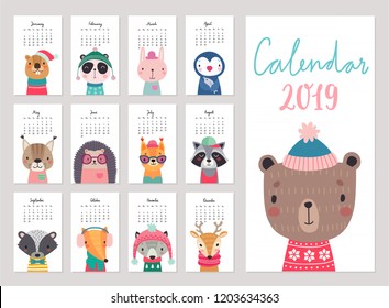 Calendar 2019. Cute monthly calendar with forest animals. Hand drawn woodland characters. Vector illustration.