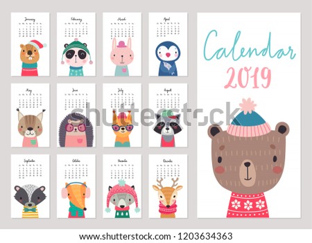 Calendar 2019 Cute Monthly Calendar Forest Stock Vector (Royalty Free ...