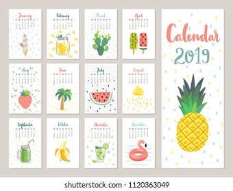 Calendar 2019. Cute monthly calendar with lifestyle objects, fruits, and plants. Hand drawn style illustration.