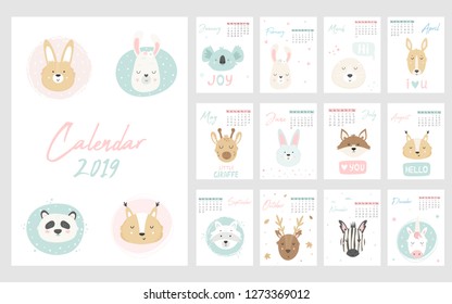 Calendar 2019. Cute monthly pages with hand drawn animals. Vector illustration. Rabbit, llama, koala, seal, kangaroo, giraffe, rabbit, fox, squirrel, raccoon, deer, zebra, unicorn, panda