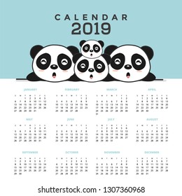 Calendar 2019 with cute pandas. Hand drawn vector illustration