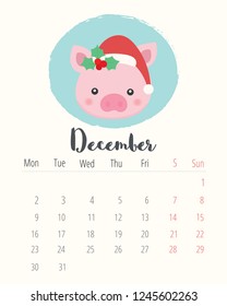Calendar 2019. Cute pig. December month.