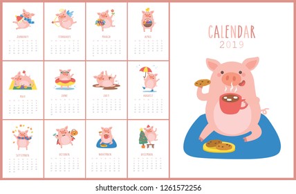 Calendar 2019 with cute pig in different situations. Symbol of the year in the Chinese 2019. Week starts on monday. Vector illustration