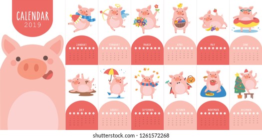 Calendar 2019 with cute pig in different situations. Symbol of the year in the Chinese 2019. Week starts on monday. Vector illustration