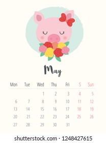 Calendar 2019. Cute pig. May month.