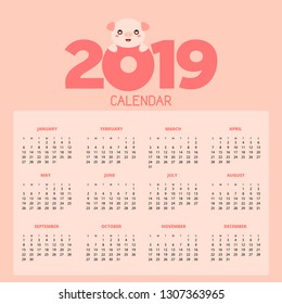 Calendar 2019 with cute pigs. Hand drawn vector illustration