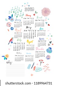 Calendar 2019. Cute printable creative template with floral elements