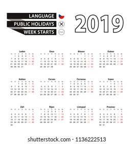 Calendar 2019 in Czech language, week starts on Monday. Vector calendar 2019 year.