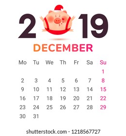 Calendar for 2019. December month. Color numbers with a jolly fat pig and gift